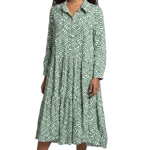 H&M Womens Green‎ White Leaf Print Tiered Midi Dress Long Sleeve